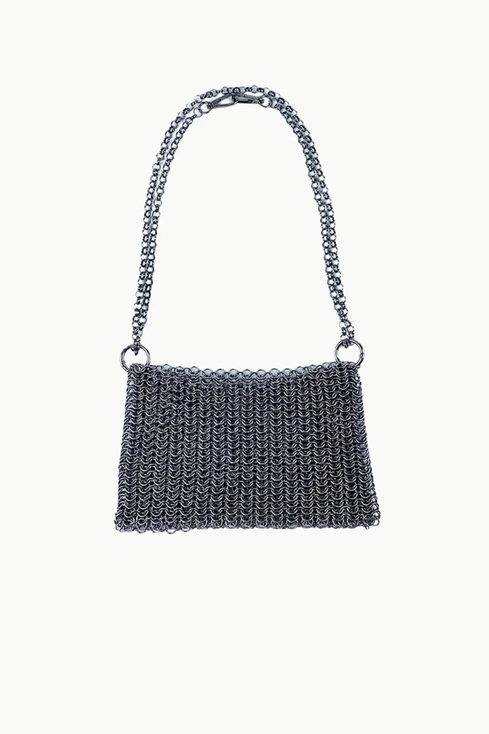 Dark grey chainmail shoulder bag with gold chain shoulder strap, chain shoulder bag style