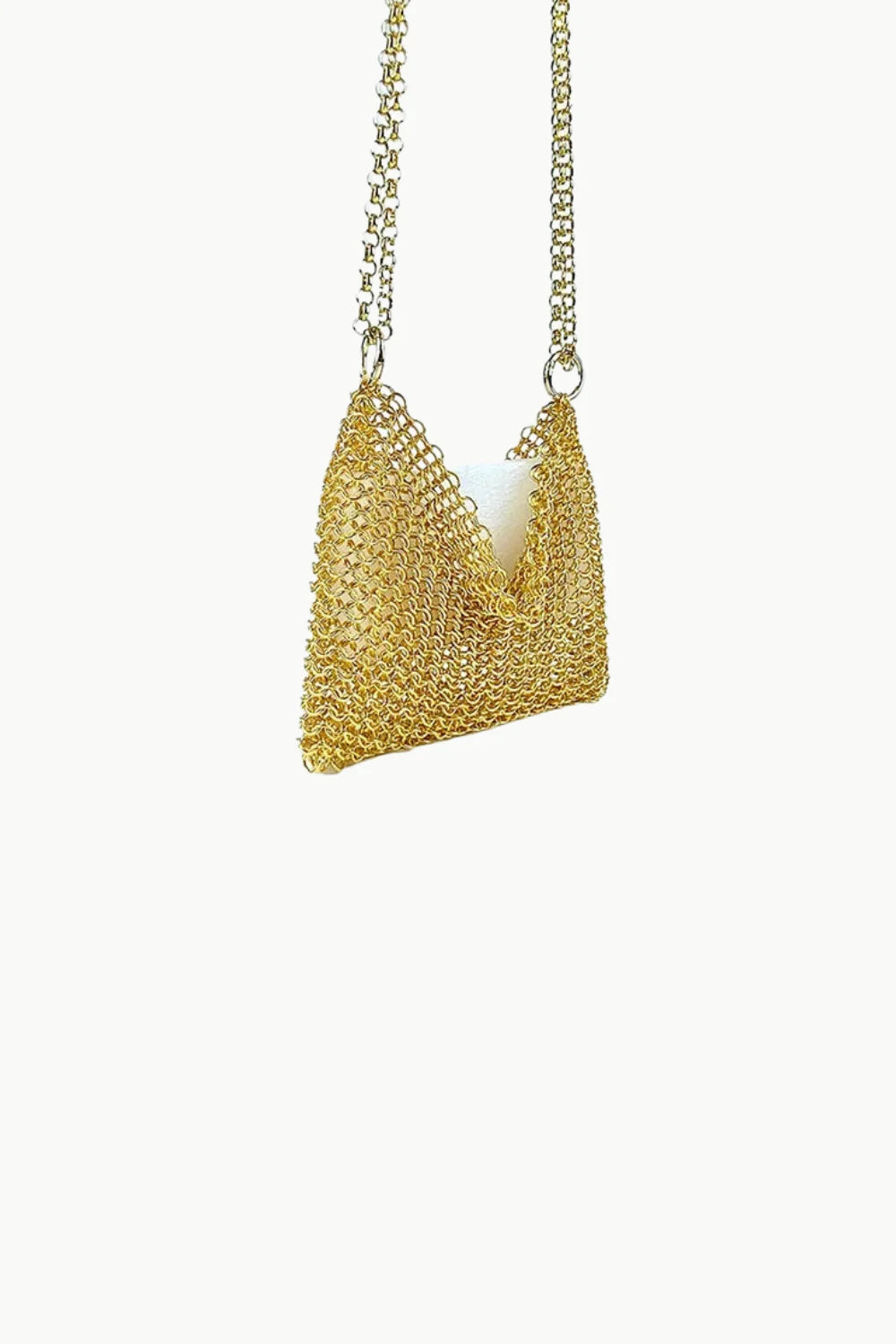 Gold chain shoulder bag with white lining and shoulder strap, stylish chain shoulder bag
