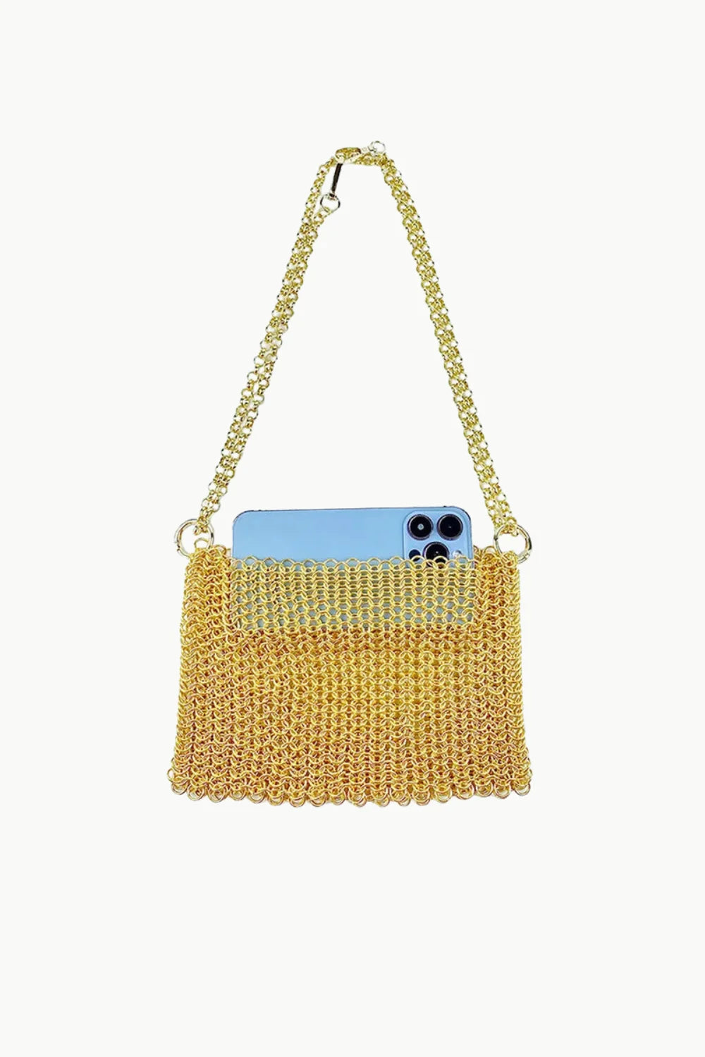 Golden chain shoulder bag with light blue smartphone visible inside