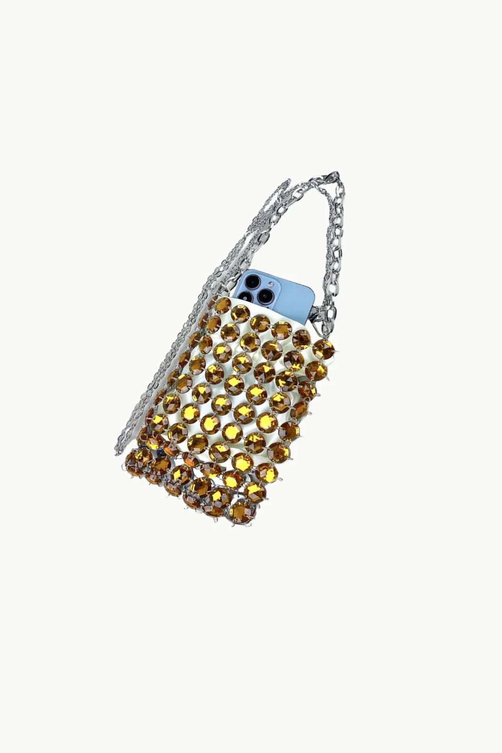 Bejeweled phone case with silver chain strap on Gold Diamond Beaded Bag with diamond beaded design