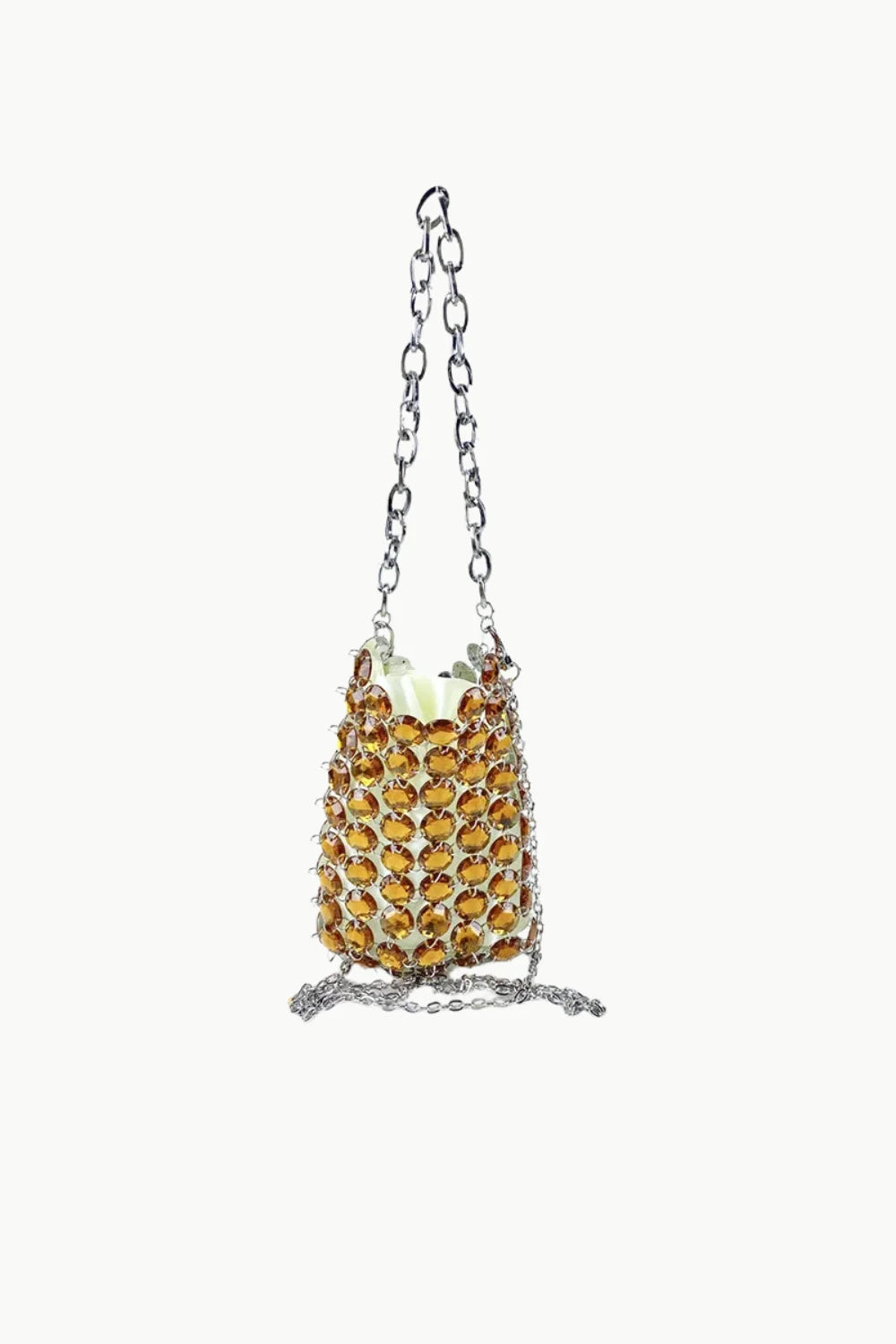 Gold Diamond Beaded Bag with Amber Gemstones and Silver Chain Strap