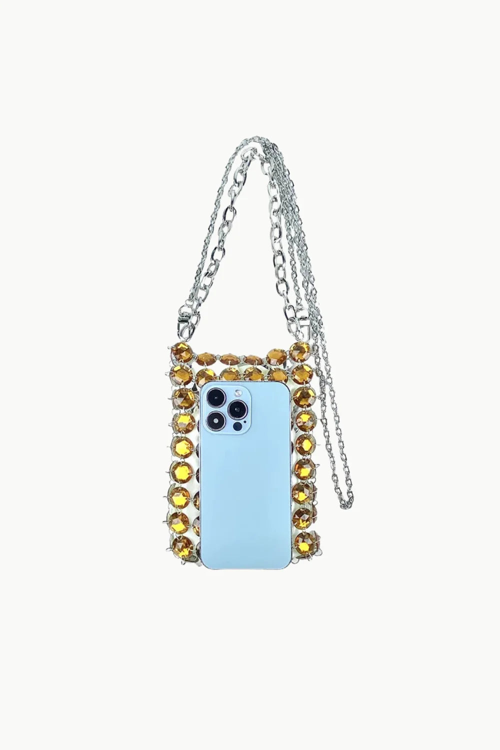 Light blue smartphone in a gold diamond beaded bag with rhinestones and silver chain strap