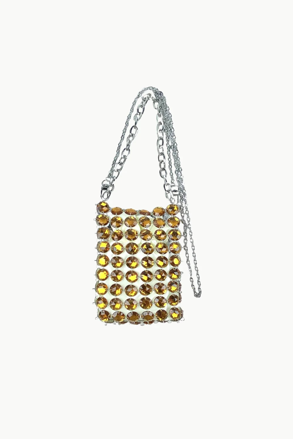 Amber rhinestone beaded bag with silver chain strap, Gold Diamond Beaded bag style