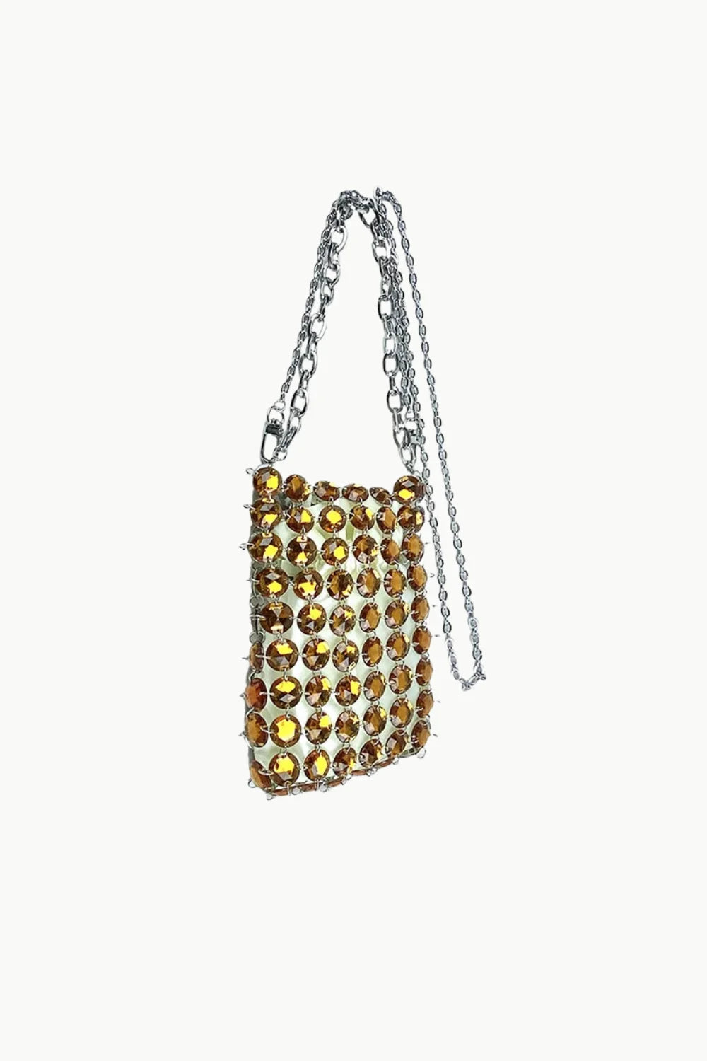 Gold Diamond Beaded Bag with Embellished Crossbody Design and Silver Chain Strap