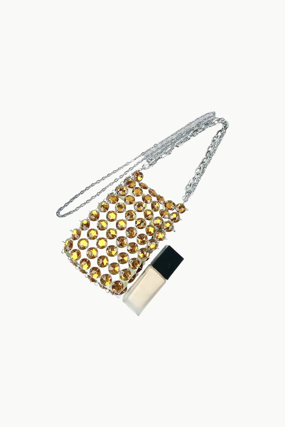 Gold Diamond Beaded Bag with yellow beaded clutch and silver chain strap for elegant style
