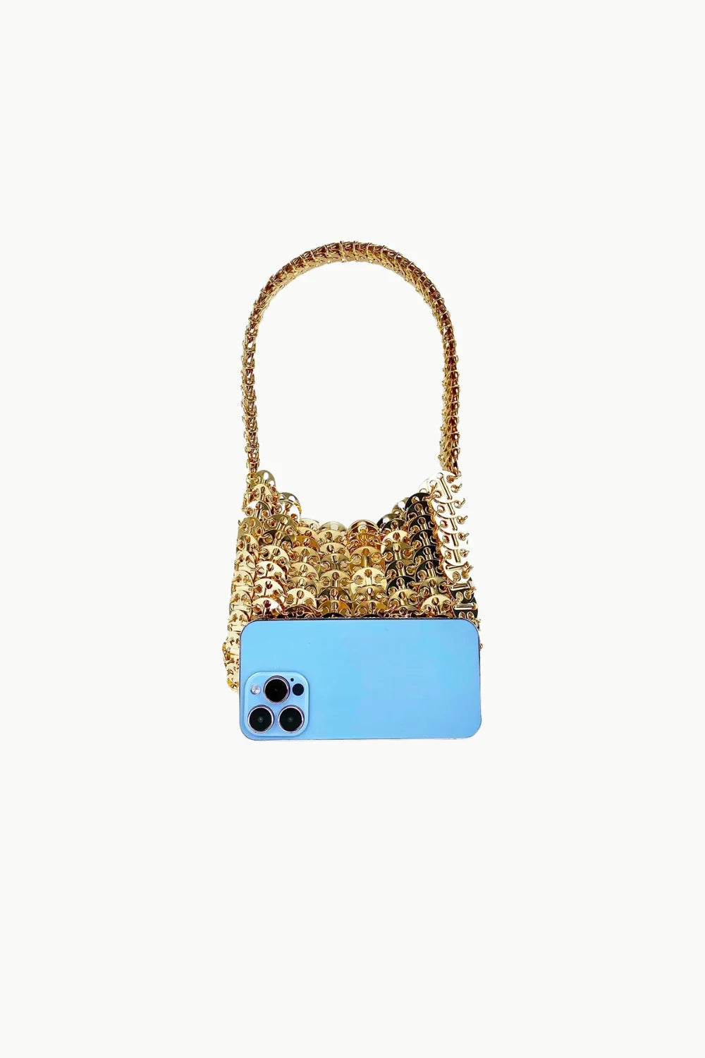 Gold metallic beaded bag with shimmering gold chainmail and a light blue smartphone inside
