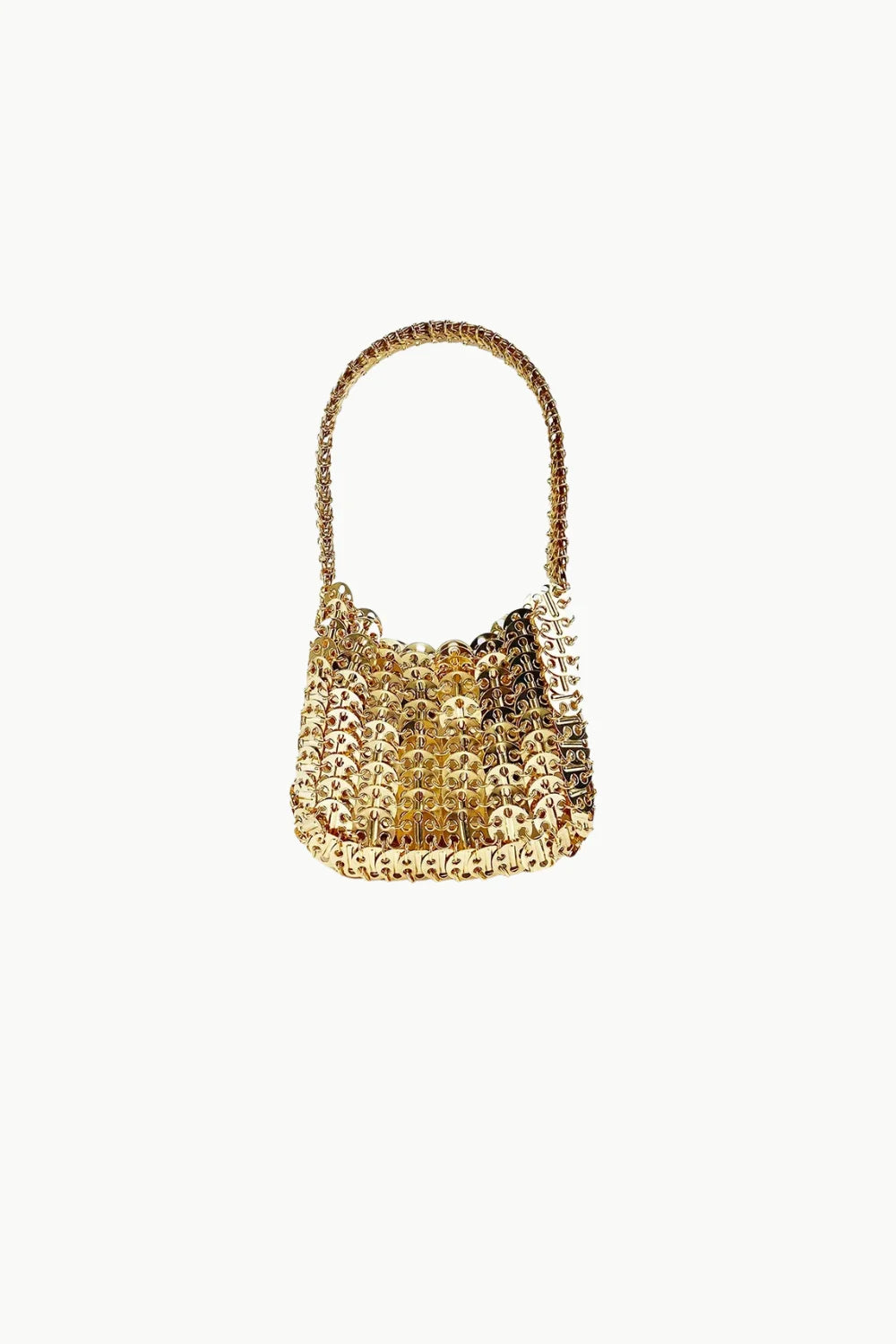 Gold metallic beaded hobo bag with single shoulder strap, stylish gold metallic accessory