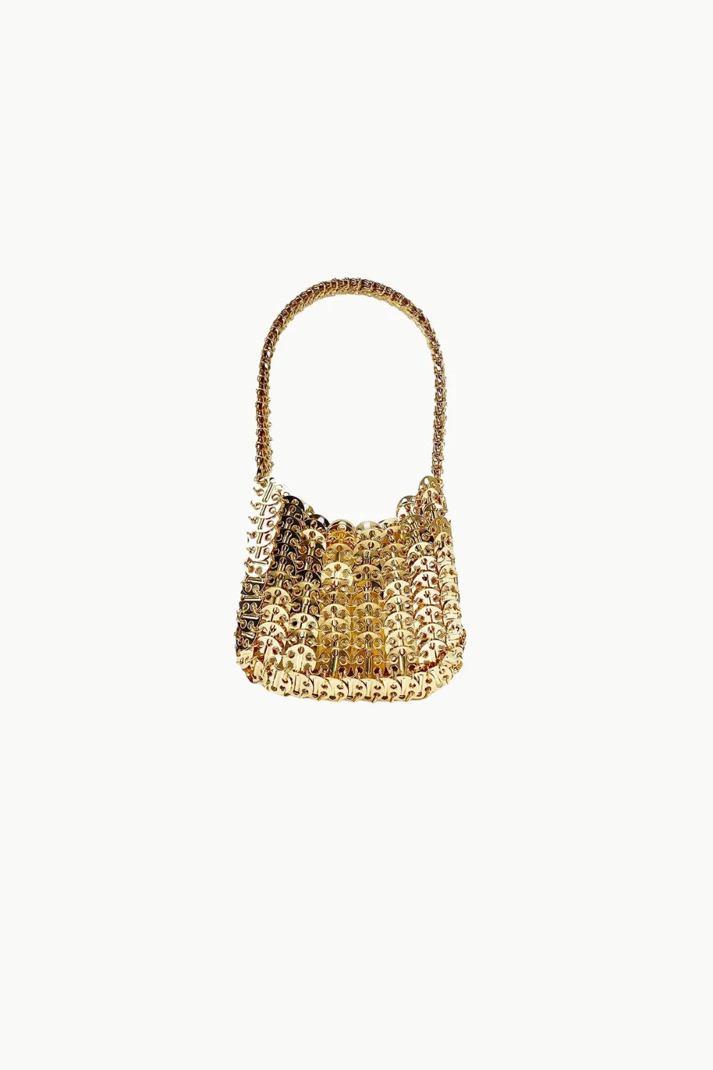 Gold metallic beaded shoulder bag with short handle, stylish gold metallic beaded bag