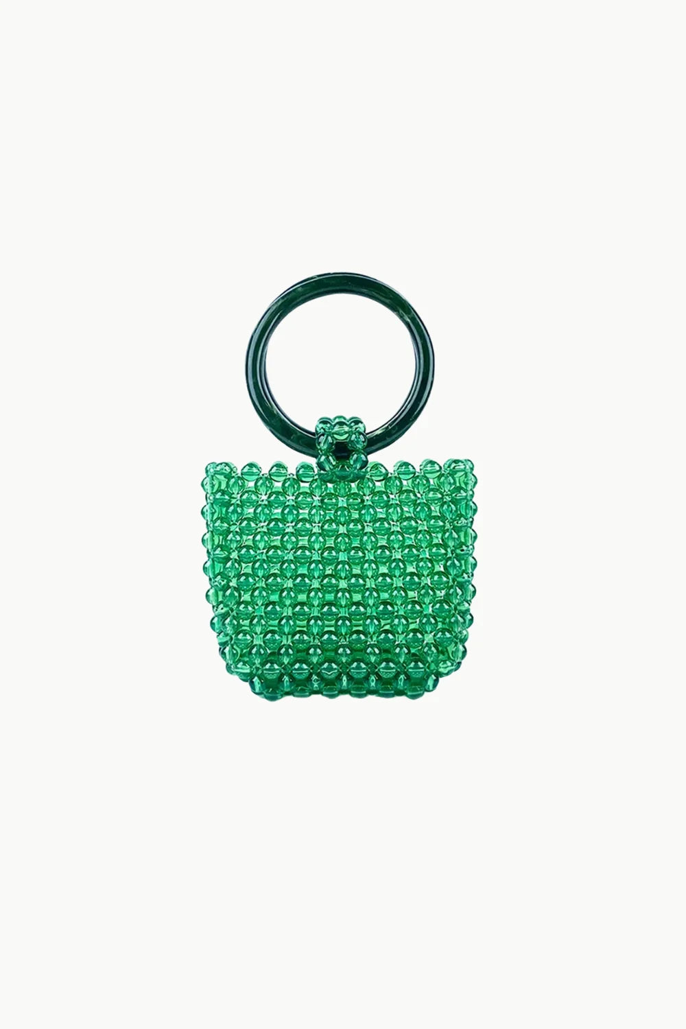 Bright green beaded bucket bag with dark green ring handle for stylish accessories