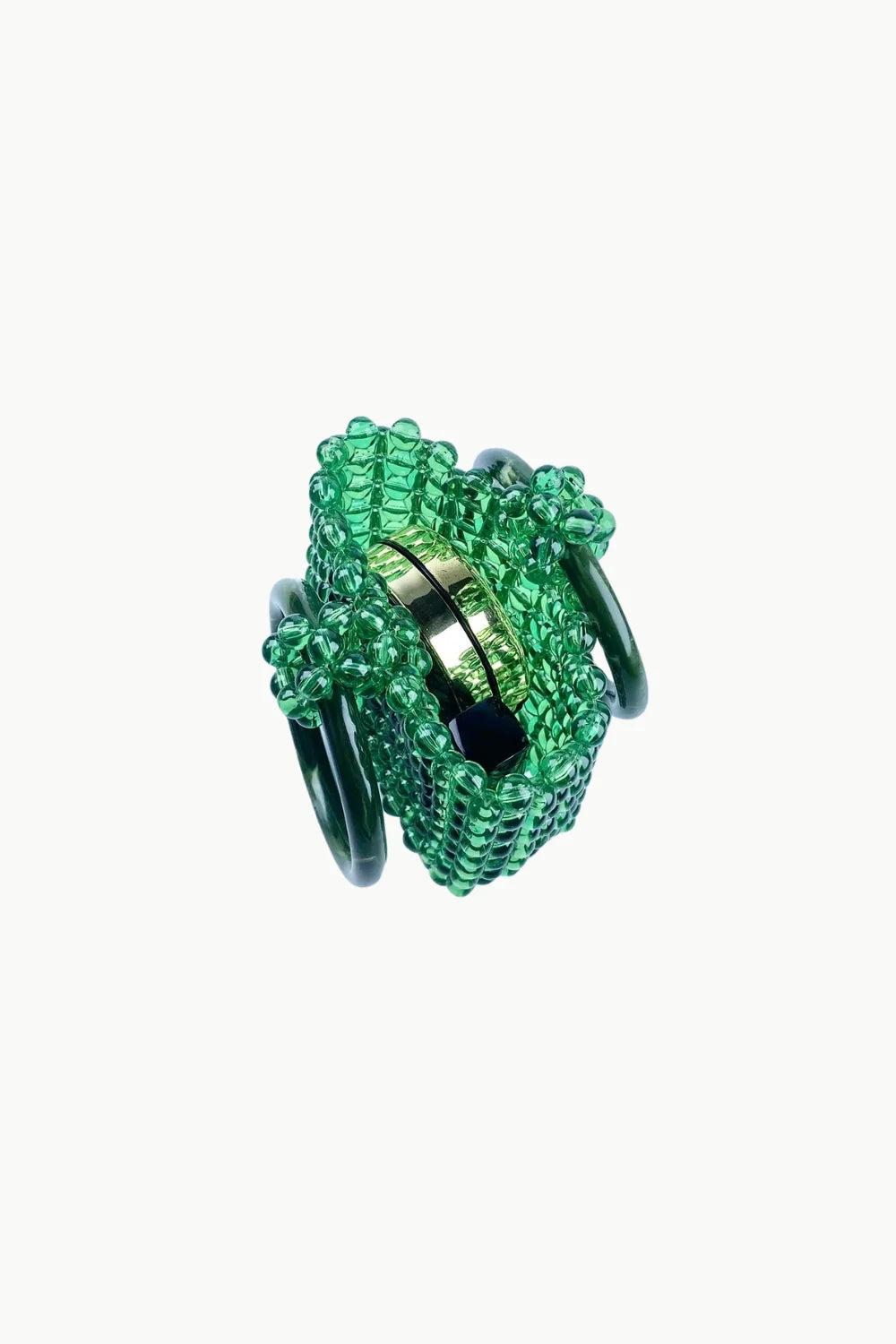 Green beaded bucket bag with metallic gold and black clasp for stylish accessories