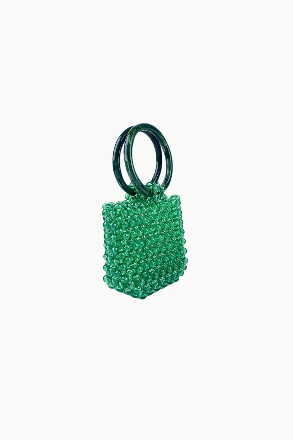 Green beaded bucket bag with top-handle and intricate beaded detailing