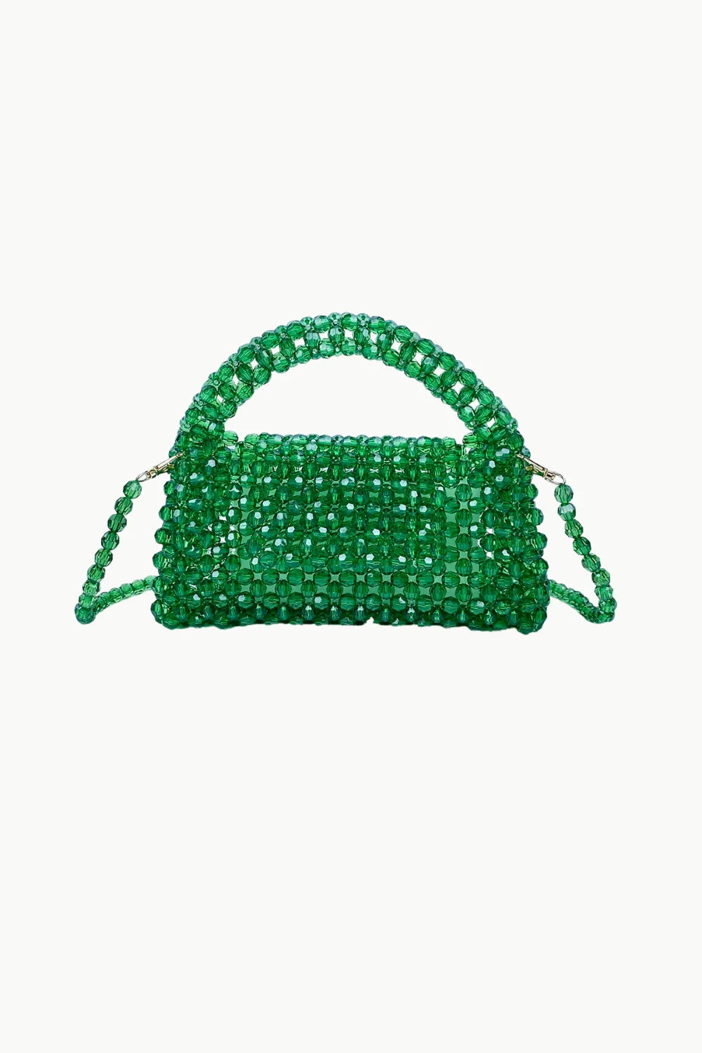 Green beaded clutch with top handle and detachable shoulder strap for stylish accessories