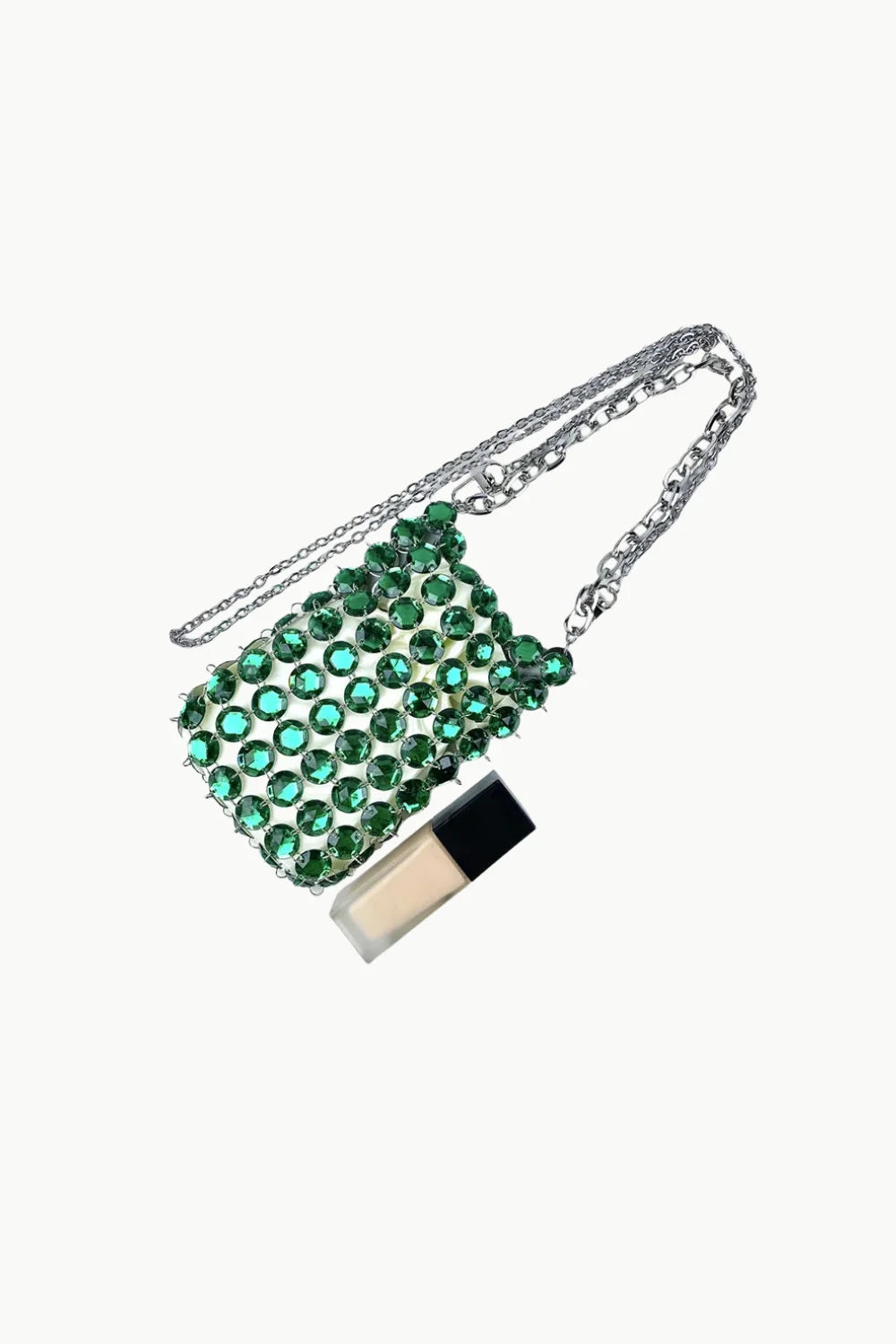 Emerald green beaded crossbody bag with rhinestones and silver chain strap