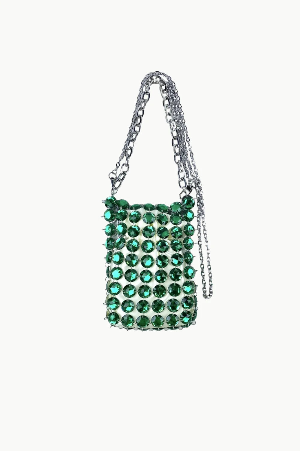 Emerald green rhinestone-studded beaded crossbody bag with silver chain strap