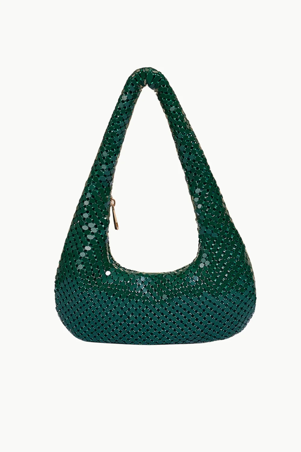 Dark green beaded evening bag with crescent shape and sequined shoulder strap