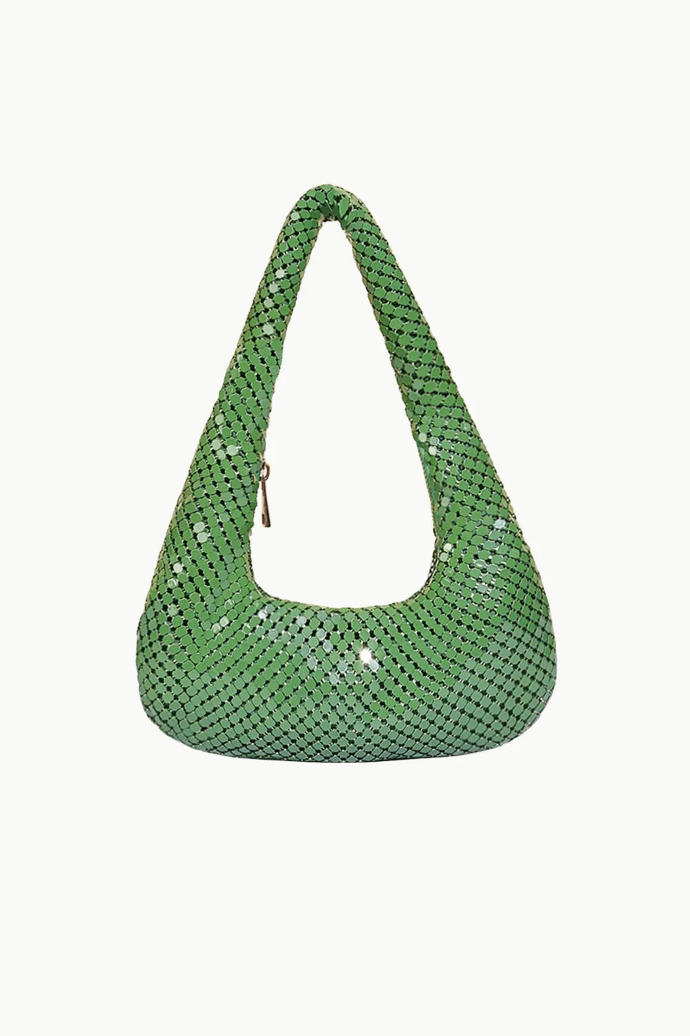 Green beaded shimmering mesh crescent evening bag with top zip closure