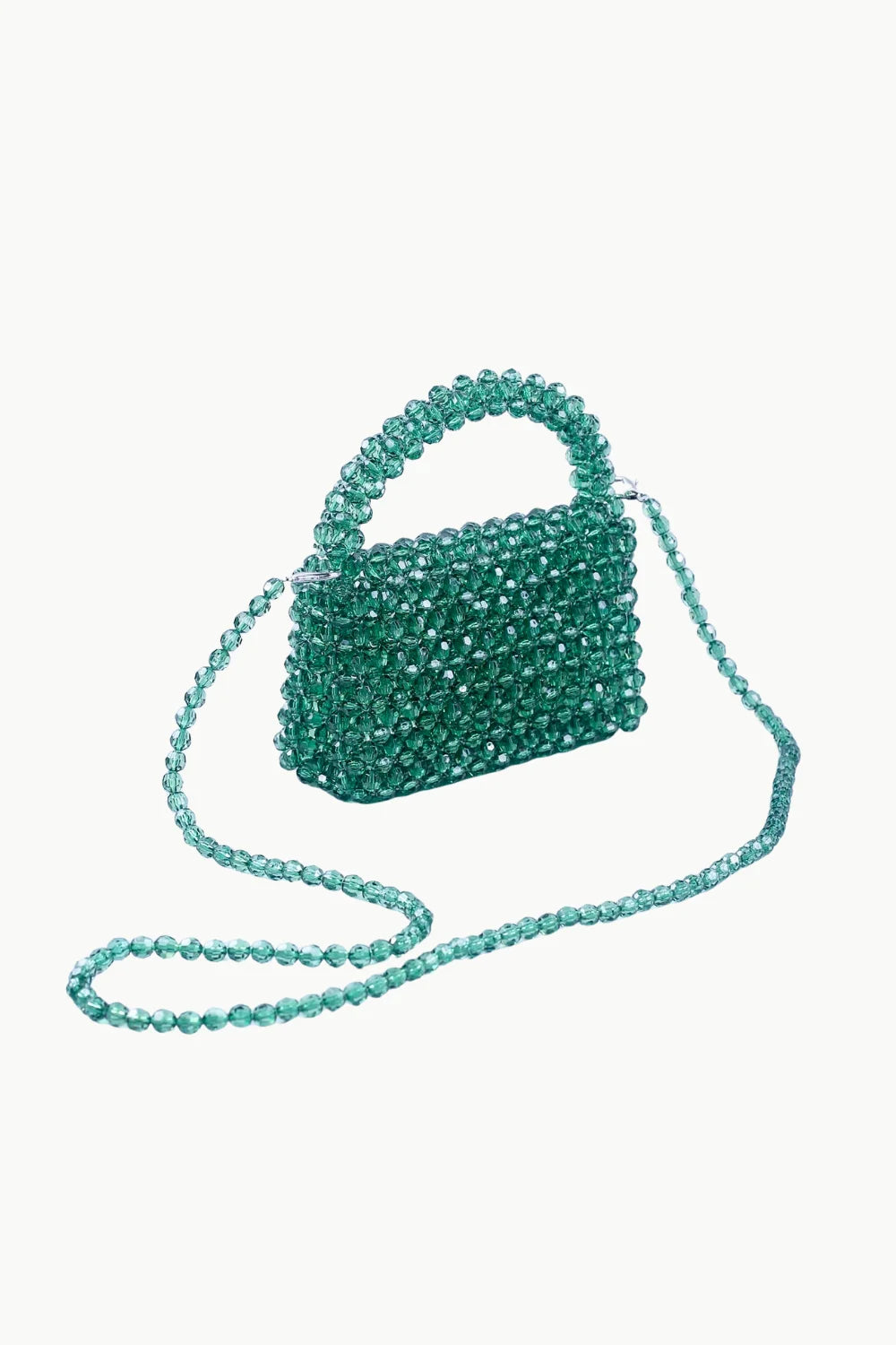 Emerald green beaded evening clutch with top handle and long shoulder strap