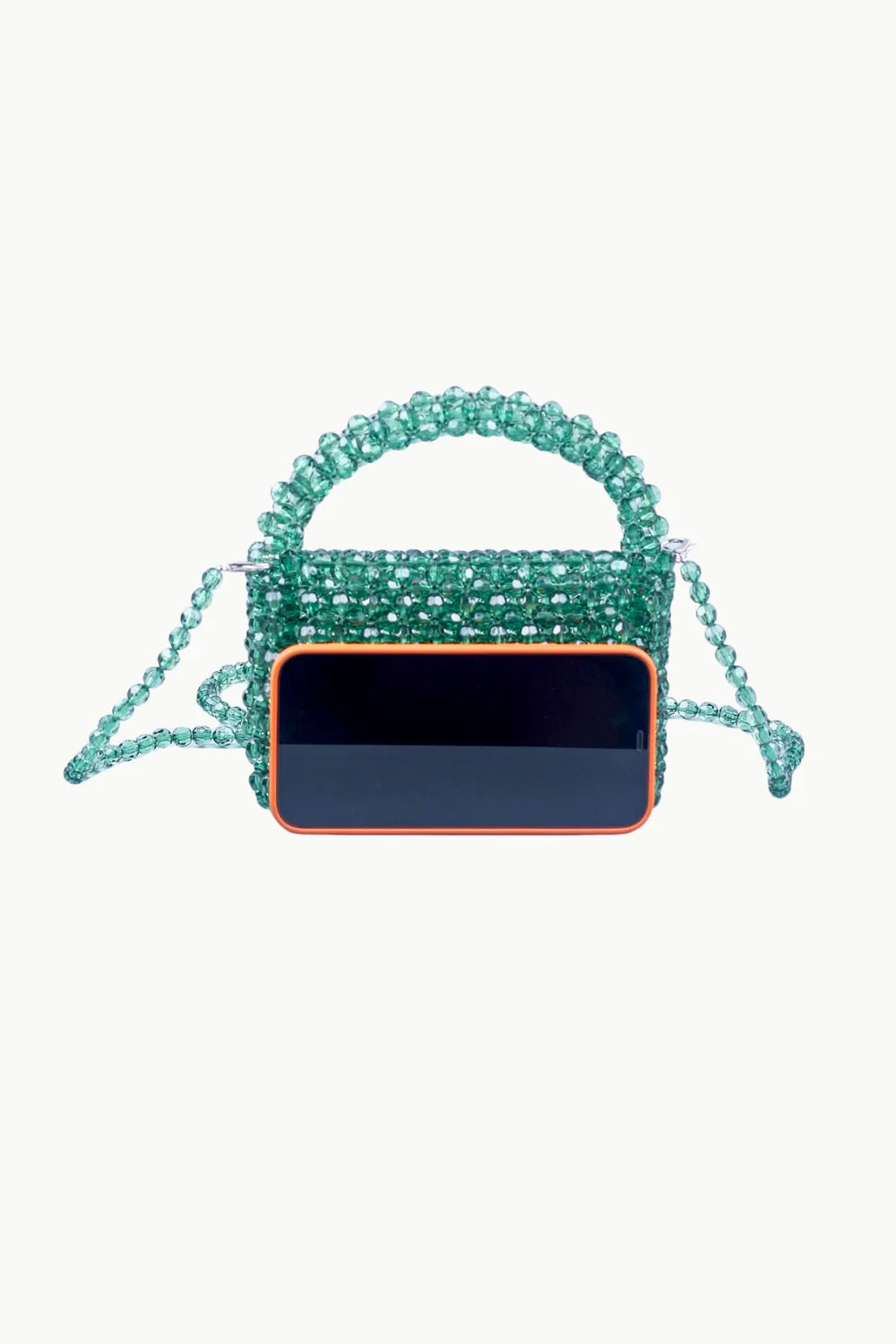 Green Beaded Evening Clutch with teal beaded design and phone inside for stylish nights