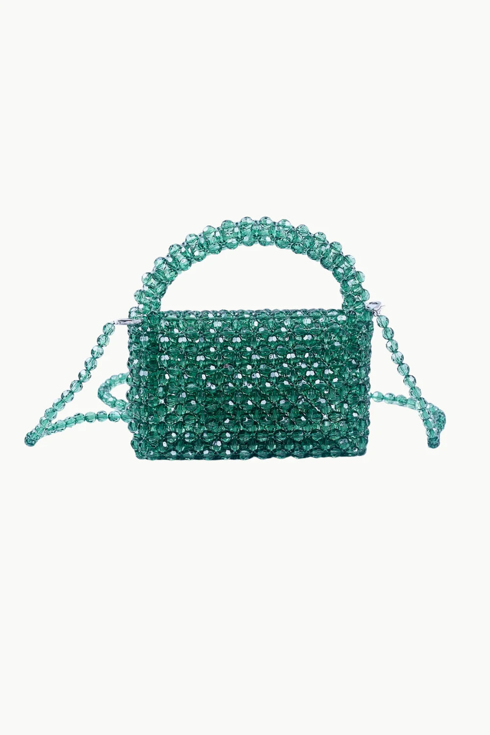Green beaded evening clutch with top-handle and crossbody design