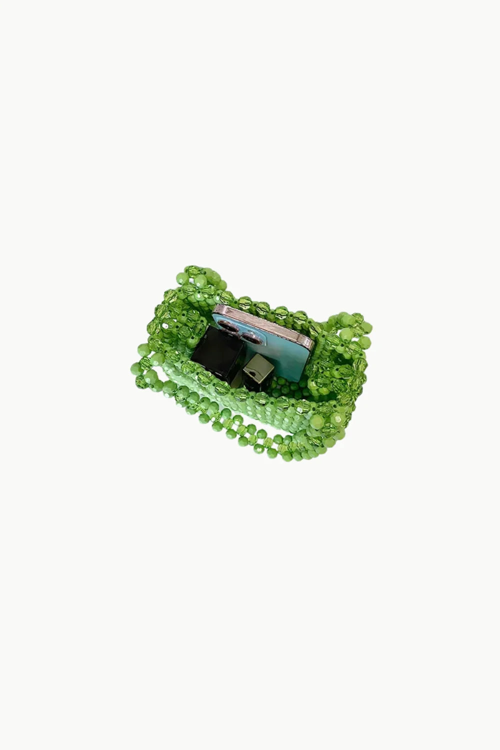 Green beaded handbag with smartphone and small black wallet inside, stylish beaded handbag