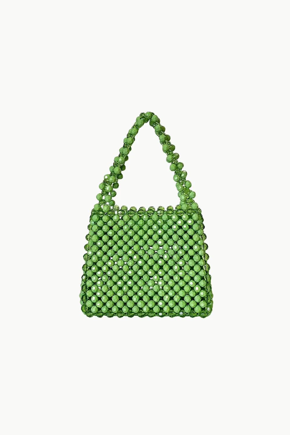 Vibrant green beaded handbag with a top handle, stylish green beaded handbag accessory
