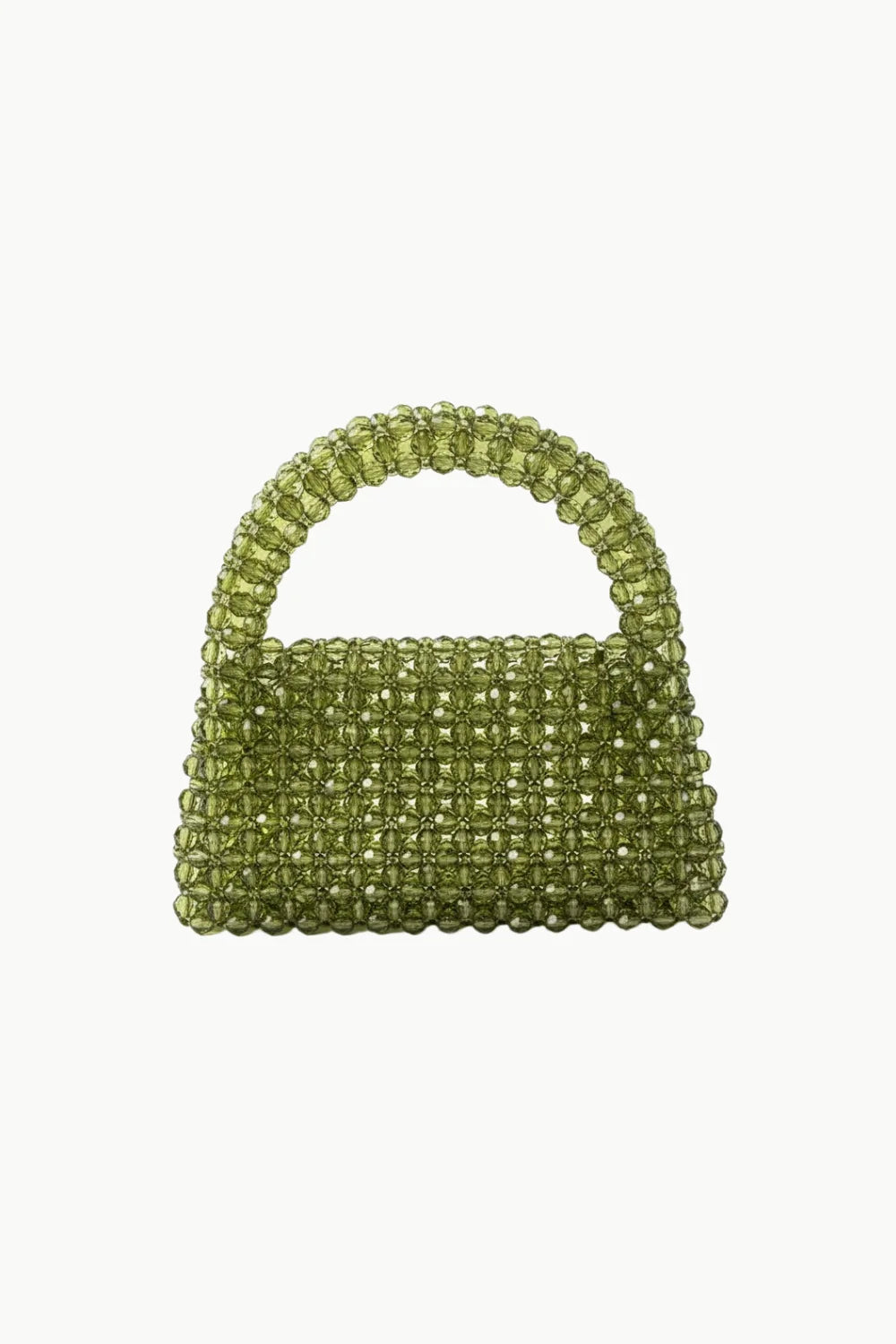 Green beaded purse featuring a small olive green beaded handbag with top handle