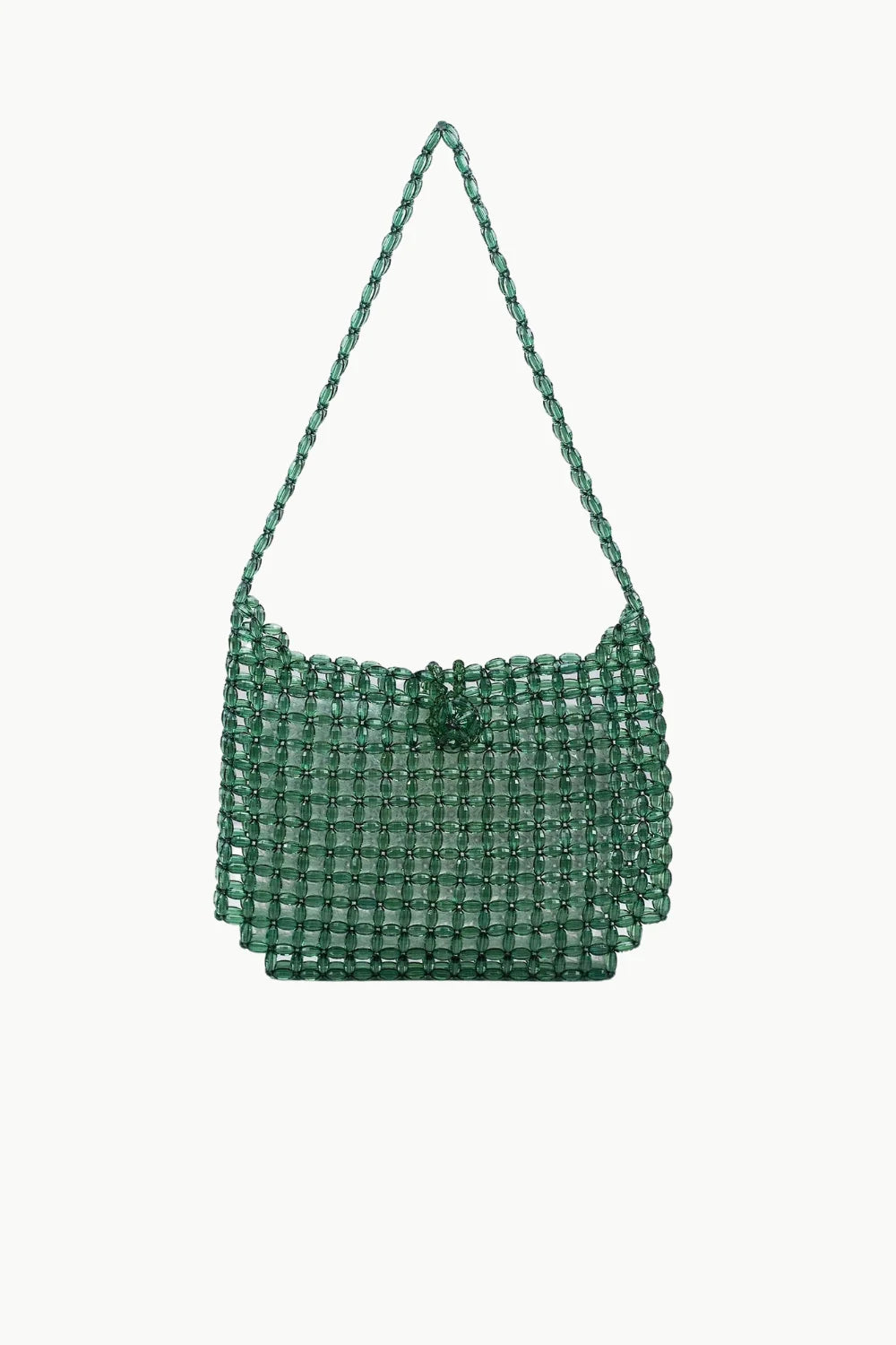 Green beaded shoulder bag with top flap and decorative clasp for stylish accessories