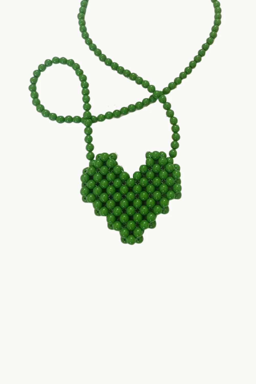 Green beaded heart-shaped necklace displayed with Green Mini Beaded Bag for stylish accessory