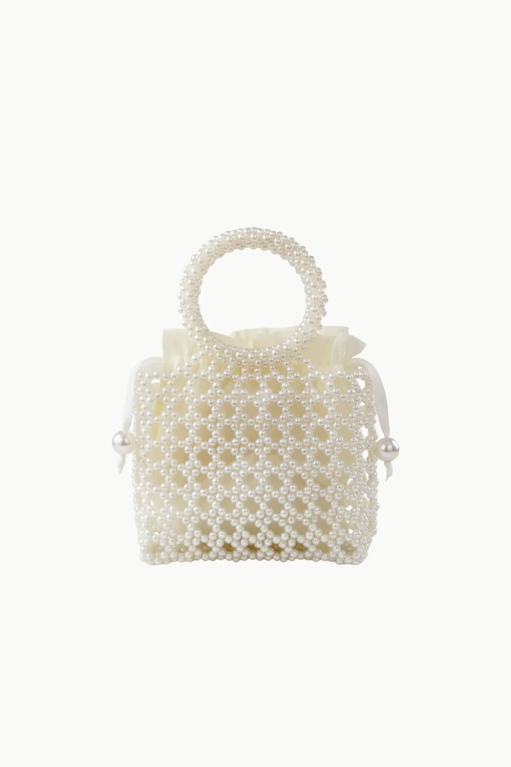 Off-white hand beaded bag with top handle and ribbon drawstring closure