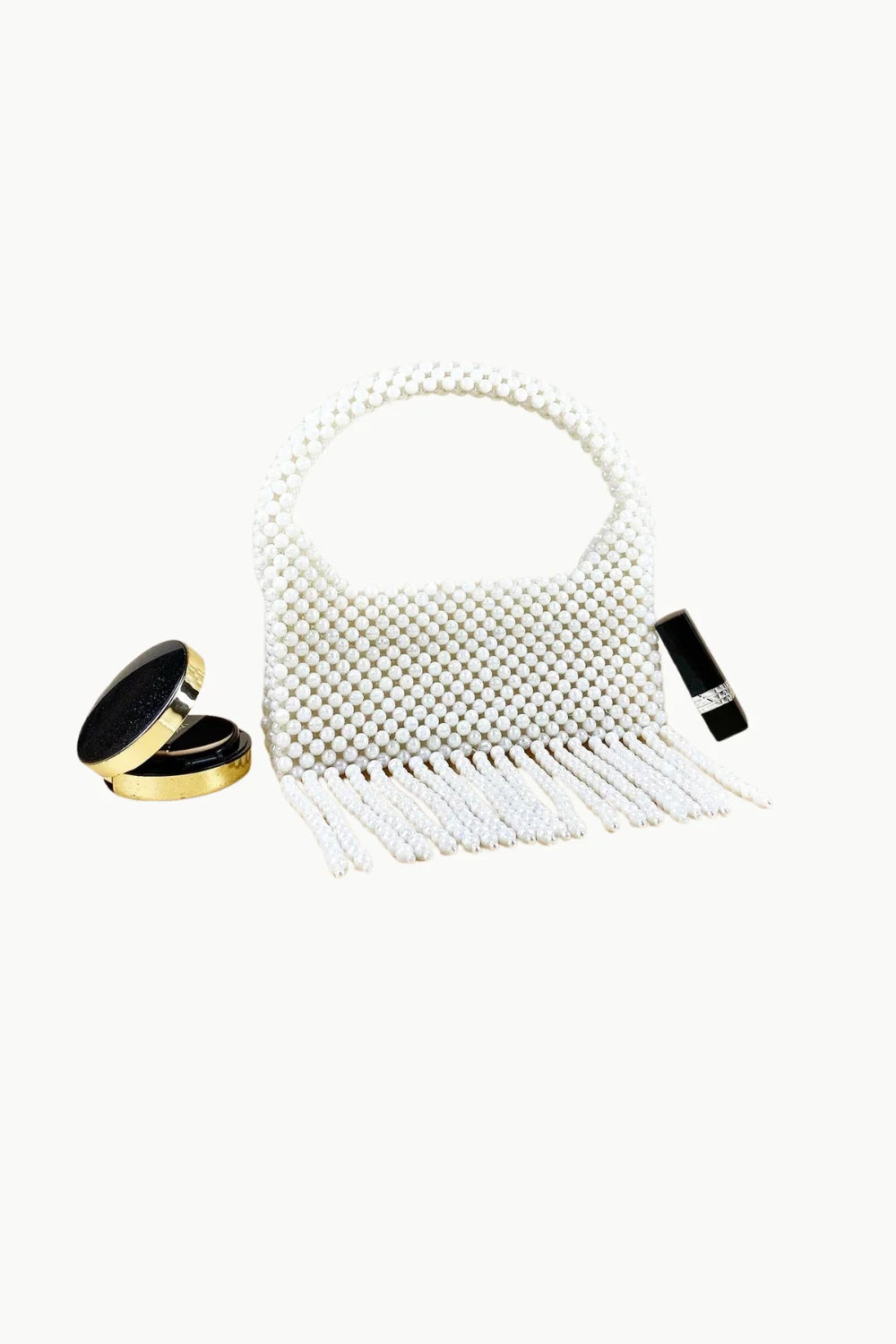 White beaded shoulder bag with fringe, stylish hand beaded purse for fashionable looks