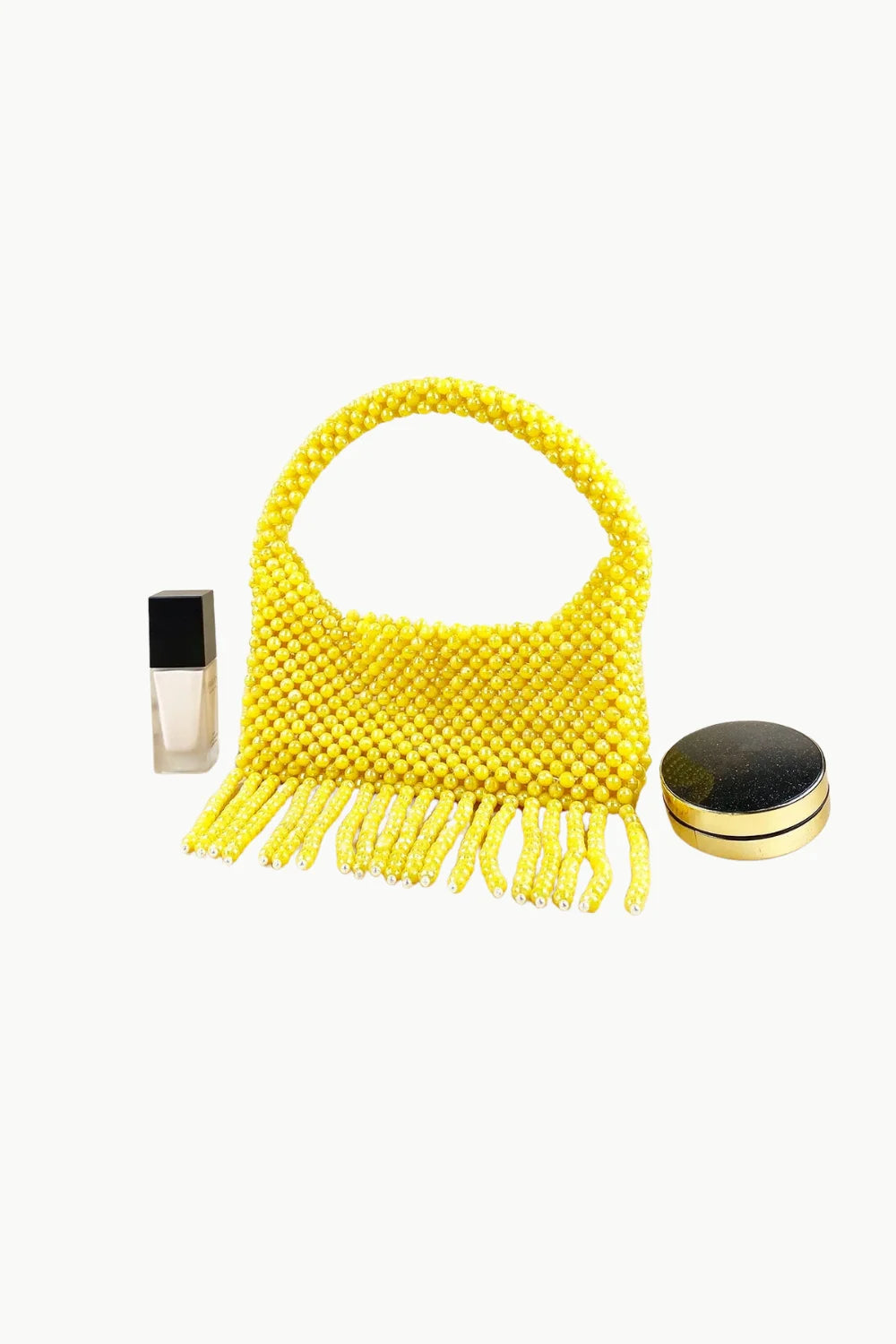 Yellow beaded fringe handbag, stylish hand beaded purse for elegant occasions