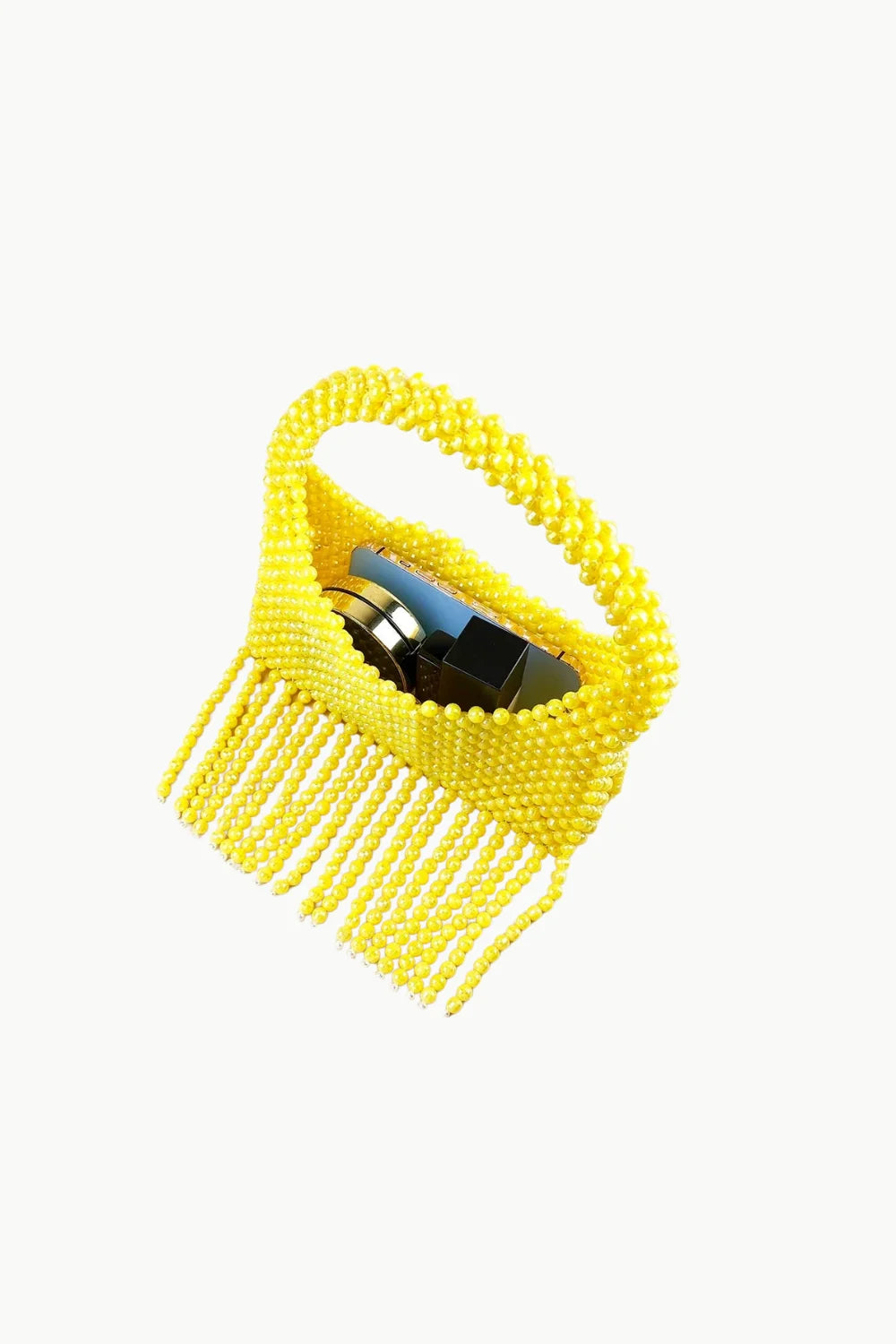 Yellow beaded fringe handbag with makeup inside, stylish hand beaded purse for women