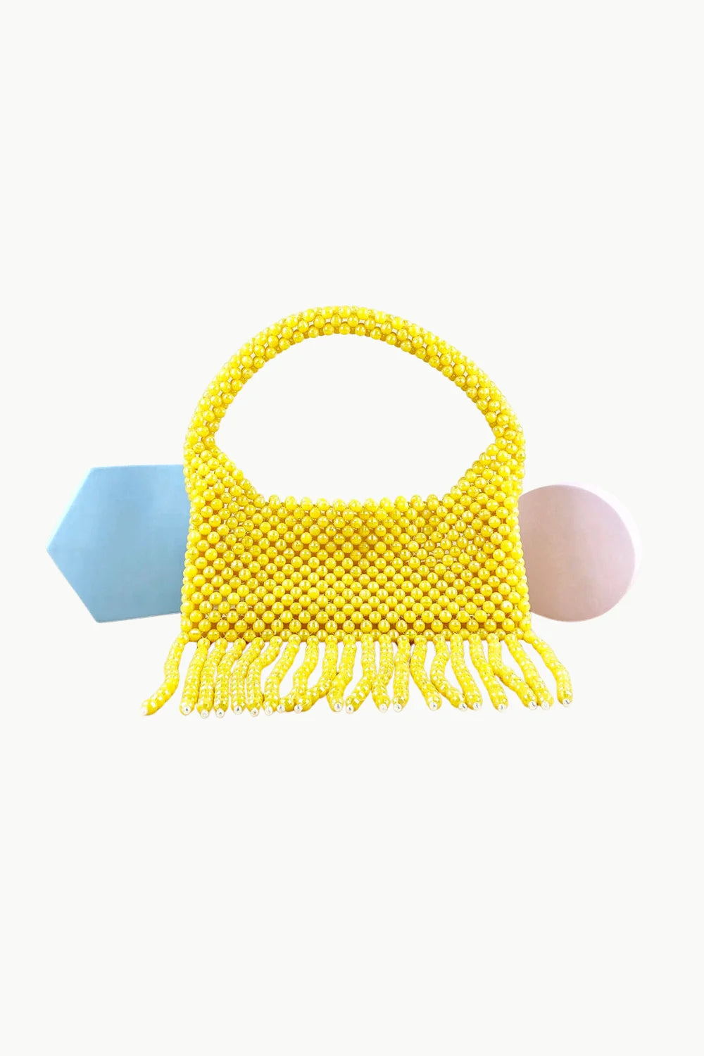 Yellow beaded handbag with fringe detail, stylish hand beaded purse for women
