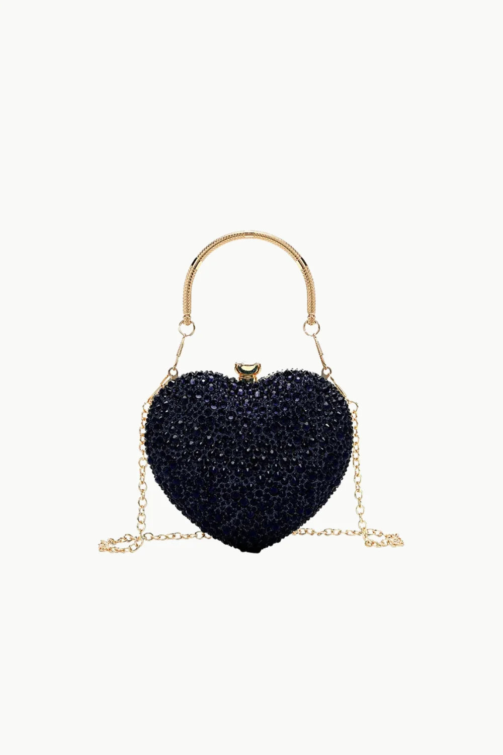 Black heart-shaped beaded bag with gold handle and chain strap for stylish accessories