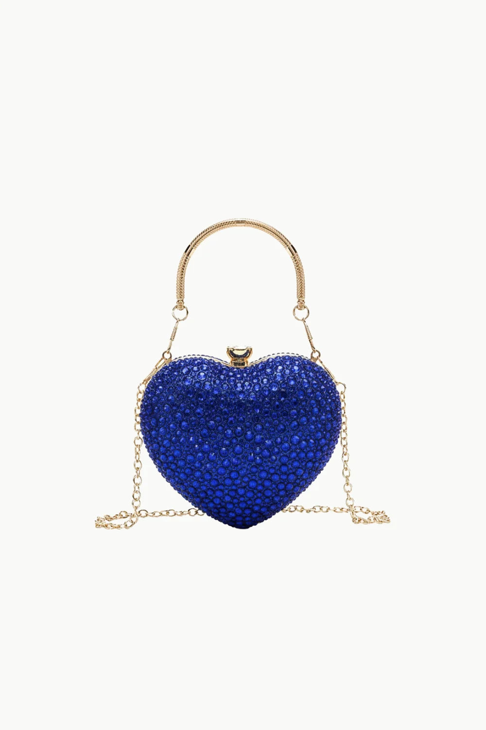 Blue heart shaped beaded bag with rhinestones, gold handle, and chain strap
