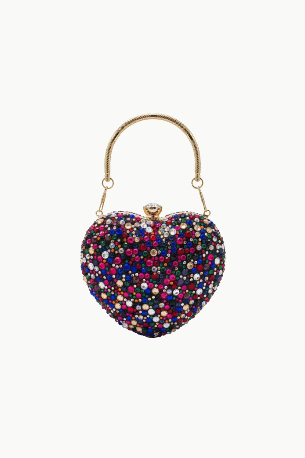 Heart shaped beaded bag with colorful rhinestones and gold handle for stylish accessories