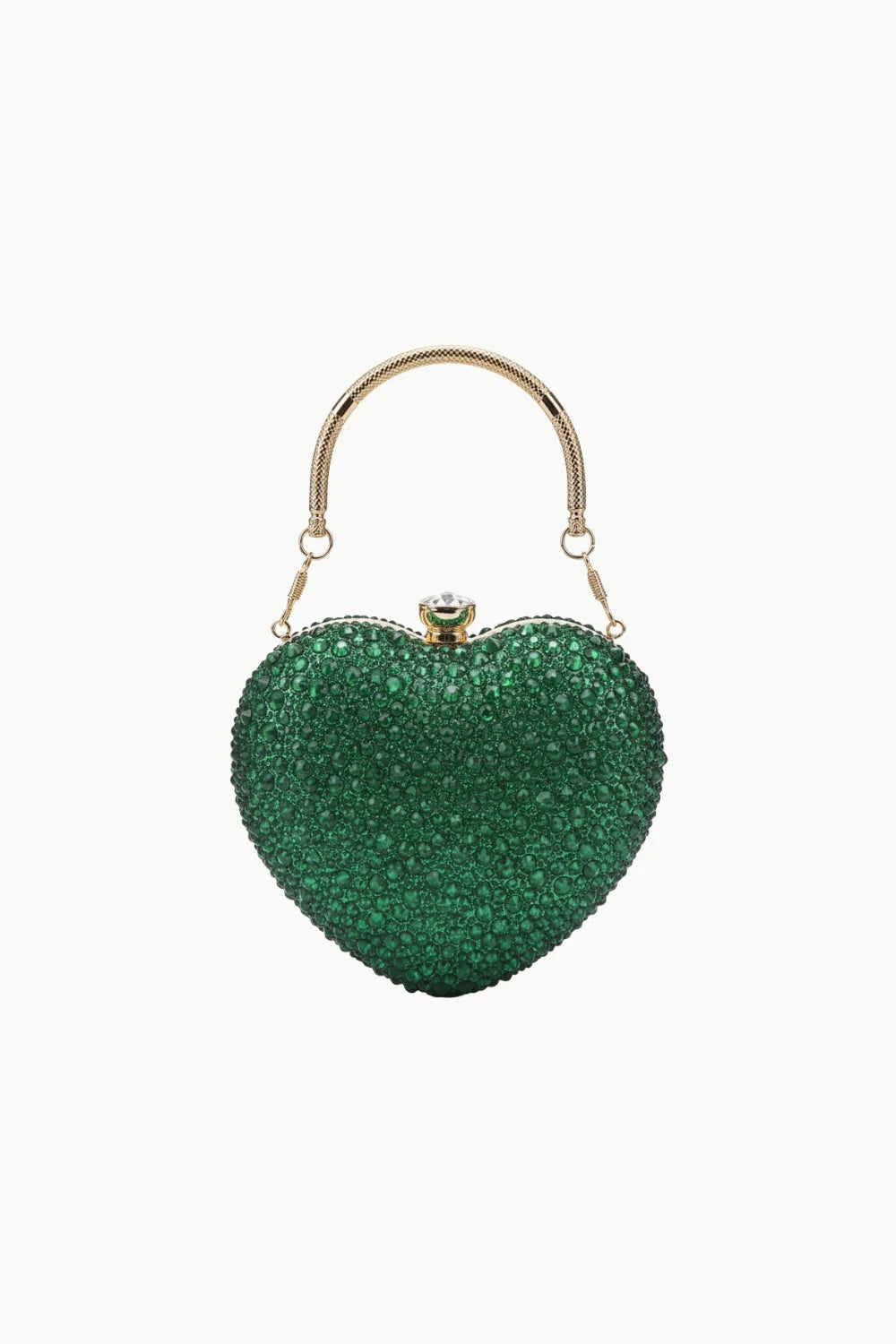 Emerald green rhinestone heart shaped beaded bag with gold handle for elegant occasions