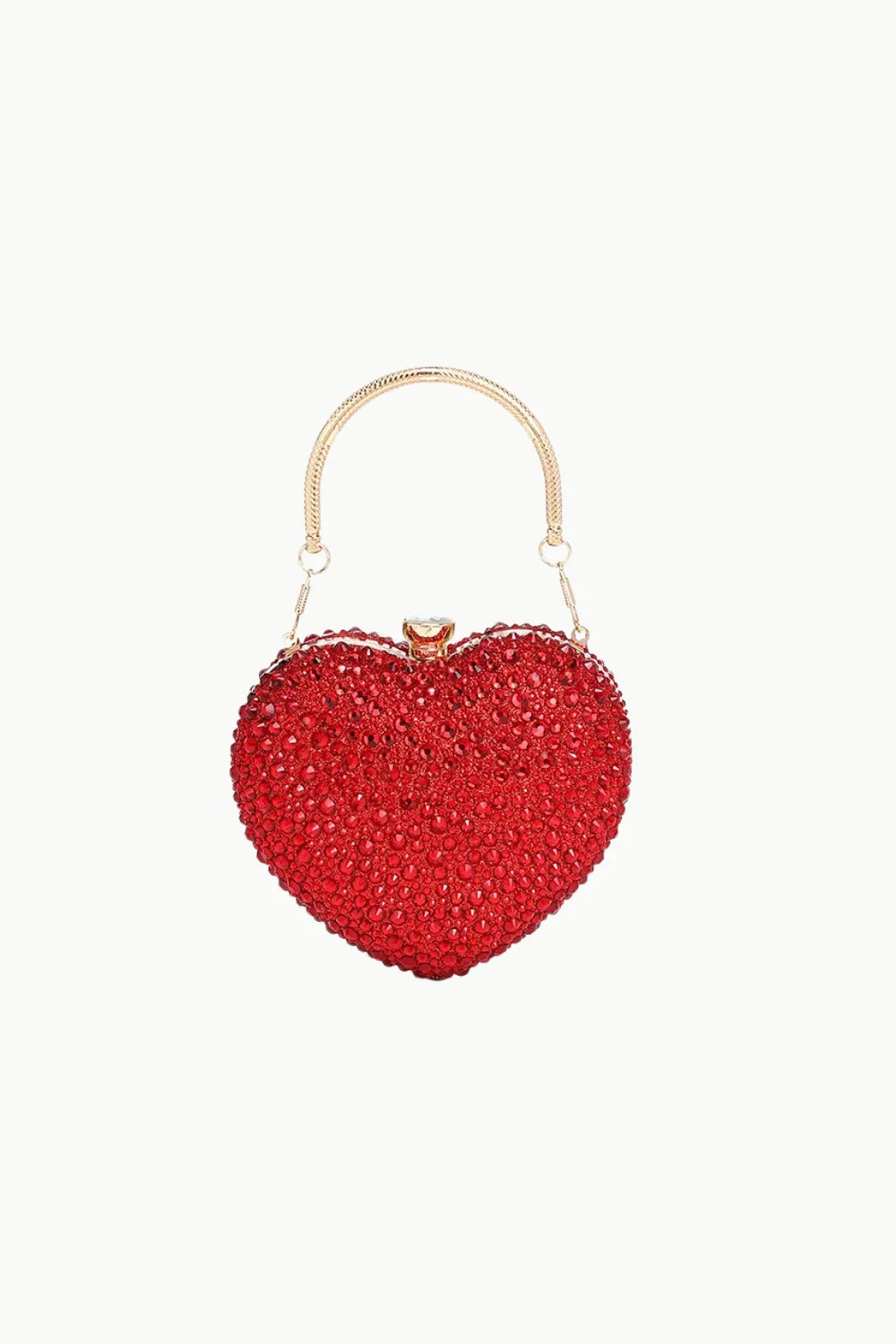 Red rhinestone heart shaped beaded bag with gold handle, stylish heart shaped beaded bag