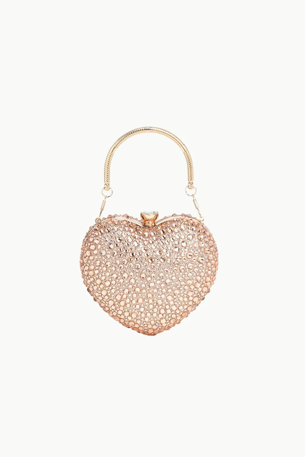 Sparkling rose gold heart shaped beaded bag with top handle and shoulder chain