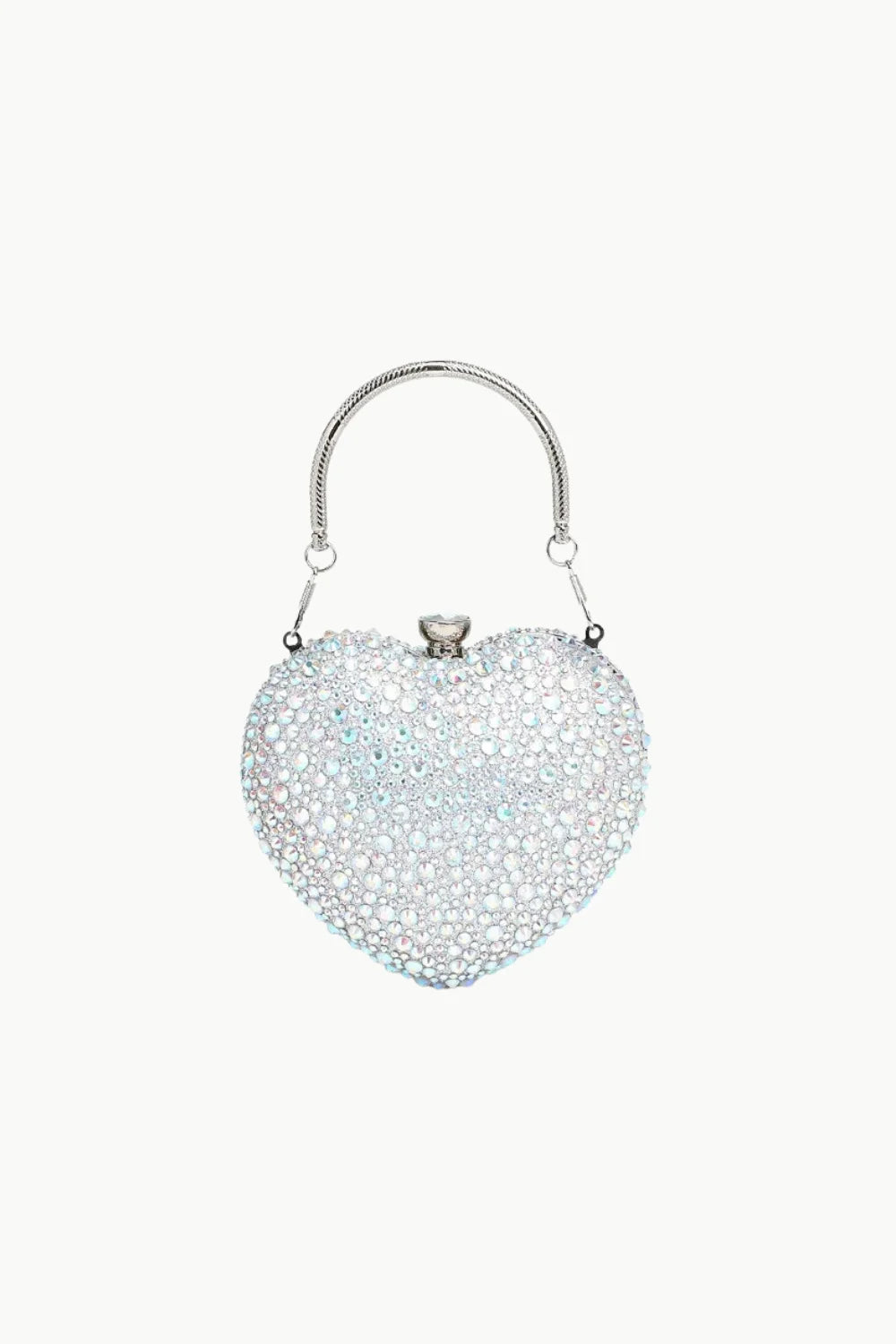 Sparkling silver heart shaped beaded bag with top handle and detachable chain strap