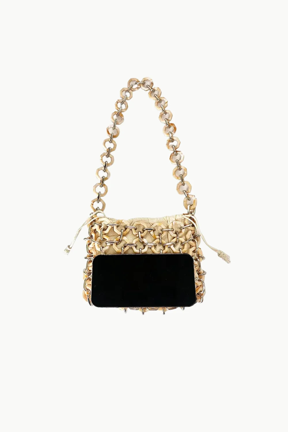 Gold-toned chainmail shoulder bag with ivory beaded design and black interior