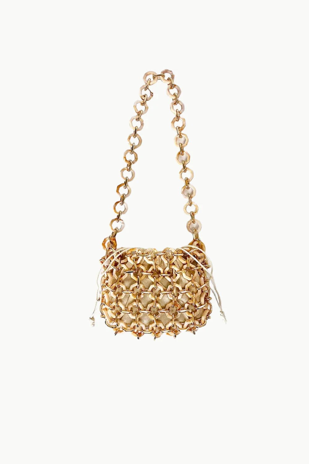 Gold-toned metal chain-link shoulder bag with drawstring closure, Ivory Beaded Bag style