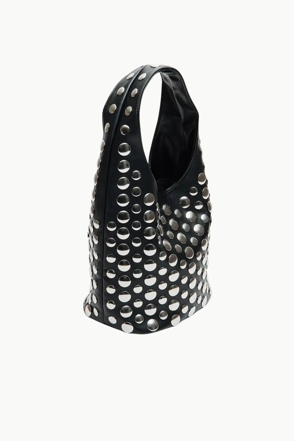 Black leather beaded bucket bag with silver studs, stylish beaded bucket bag accessory