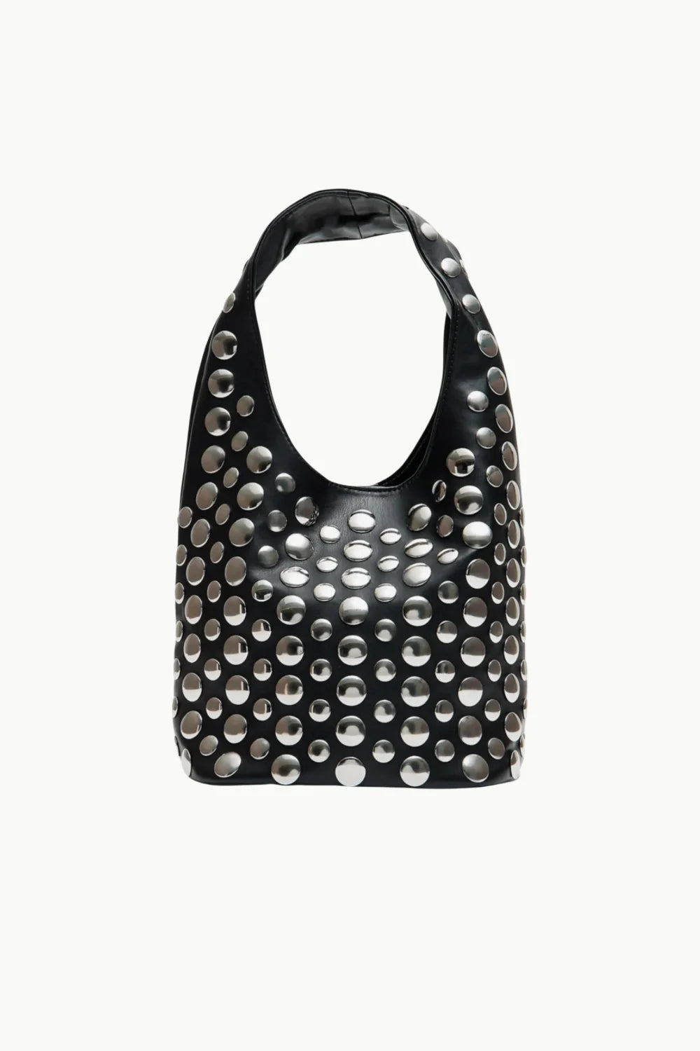 Black leather shoulder bag with silver studs, stylish beaded bucket bag for women
