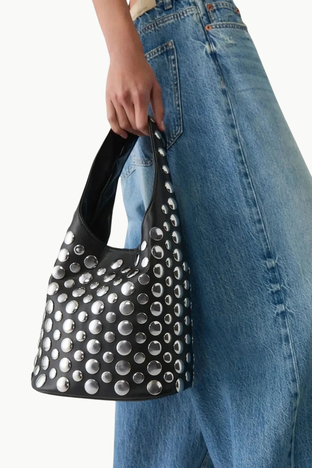 Black leather shoulder bucket bag with silver stud embellishments, perfect beaded bucket style
