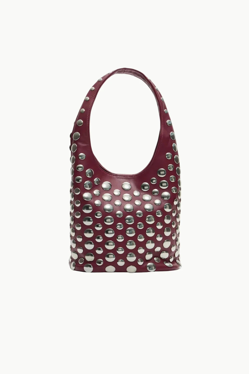Burgundy leather shoulder bucket bag with silver studs, stylish beaded bucket bag design