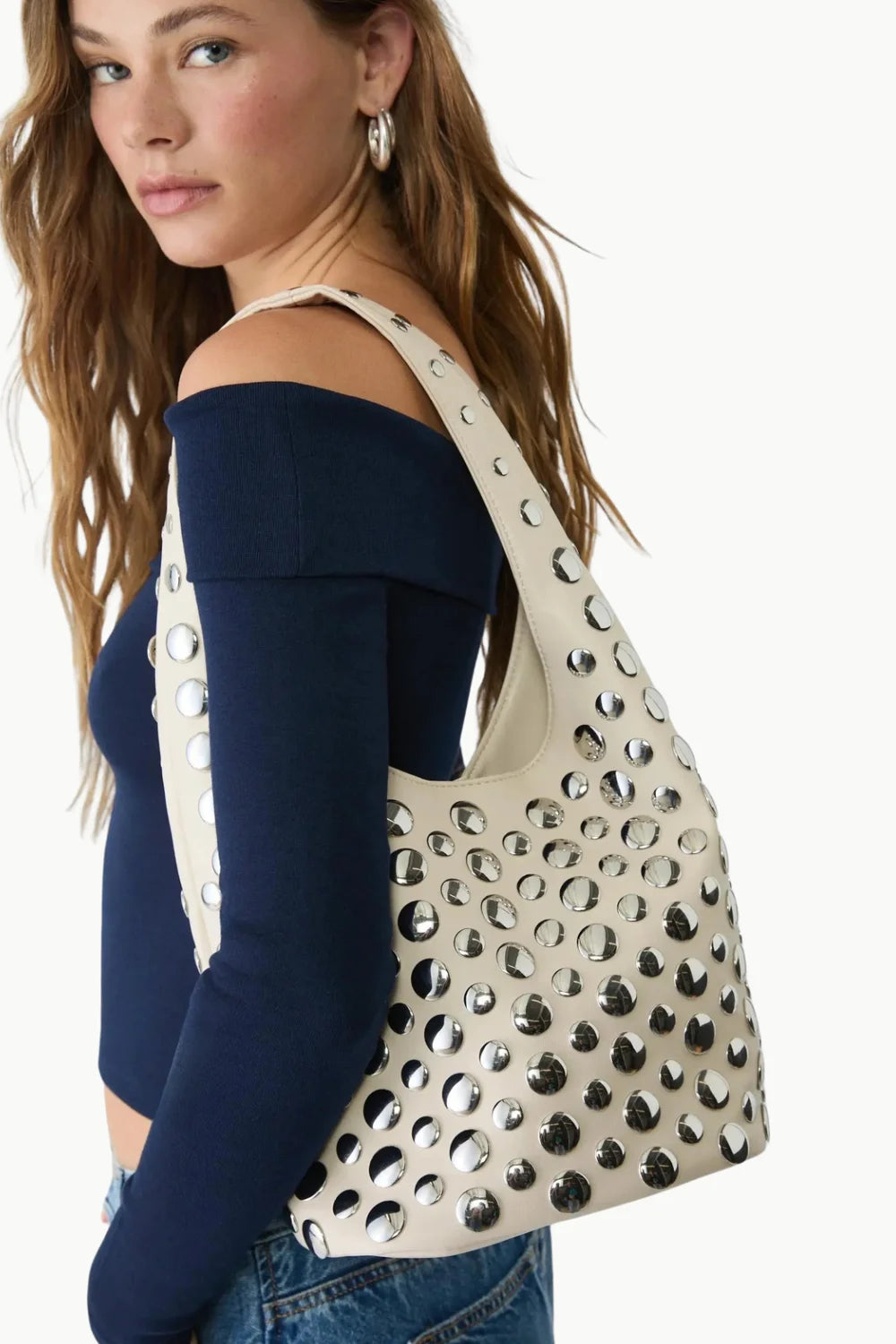 Cream-colored Leather Beaded Bucket Bag with Silver Grommets, stylish beaded bucket bag