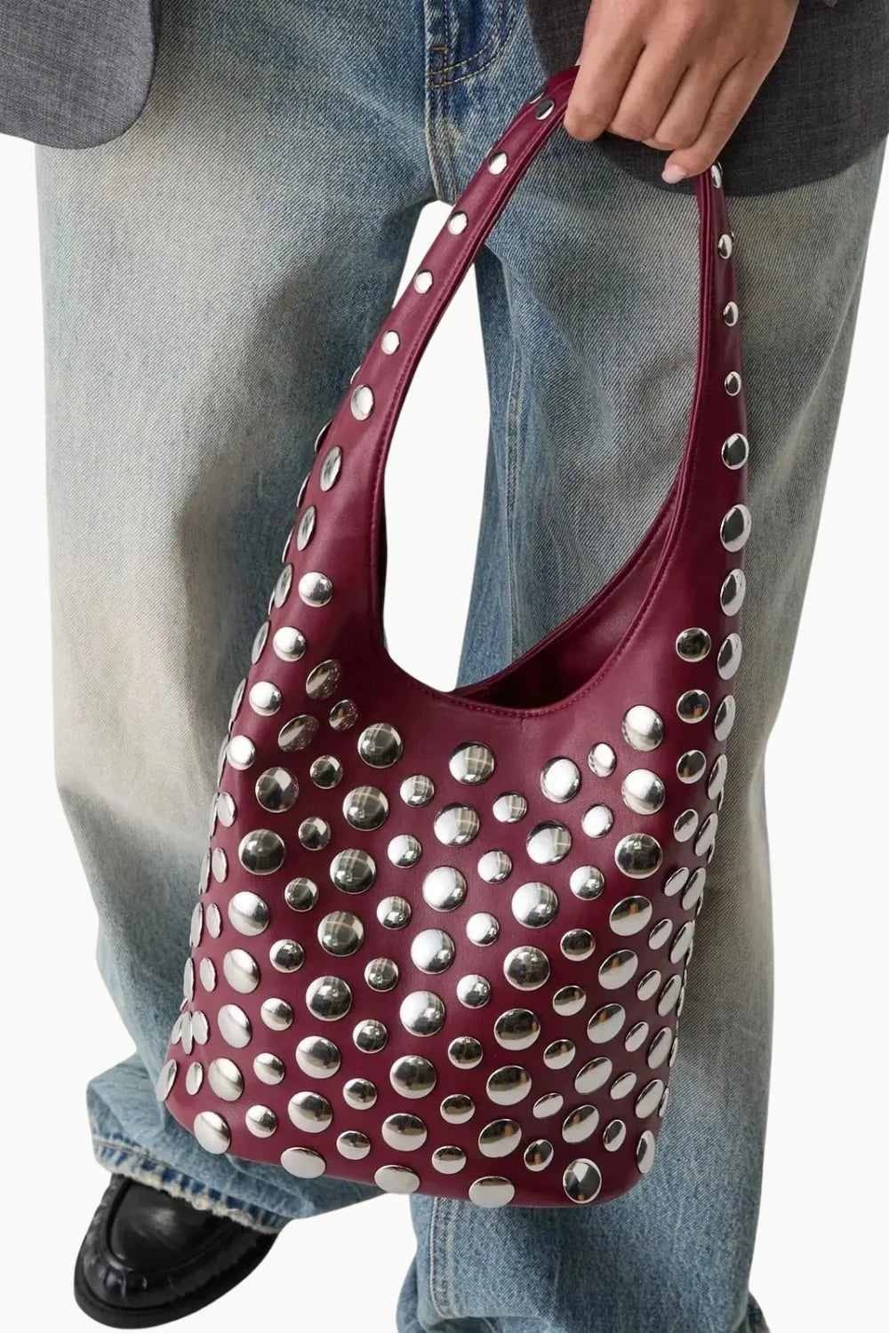 Maroon leather beaded bucket bag with silver studs, stylish beaded bucket bag accessory