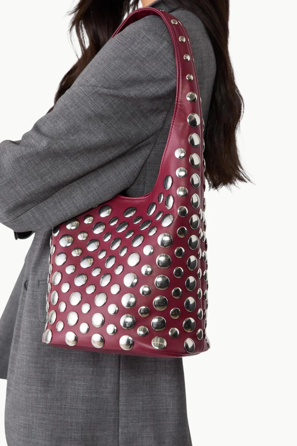 Dark red leather beaded bucket bag with silver studs, stylish beaded bucket bag accessory