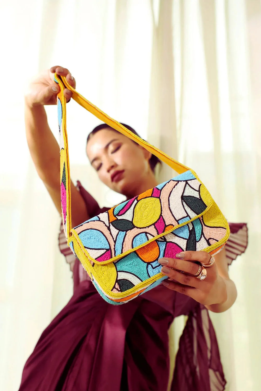 Brightly colored abstract beaded bag with yellow strap, Lemon Beaded Bag for stylish looks